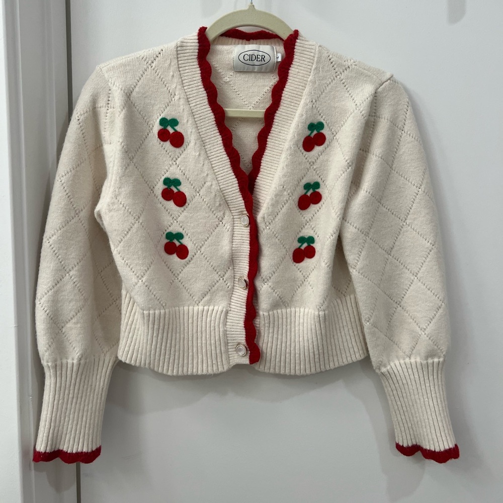 Cider Cherry Print Winter Cardigan with Pearl Buttons